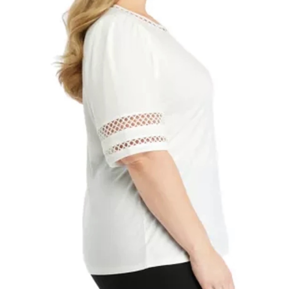 Anne Klein Harmony Knit Lace Trim Elbow Sleeve T-Shirt White Size 2X Casual - Picture 3 of 13